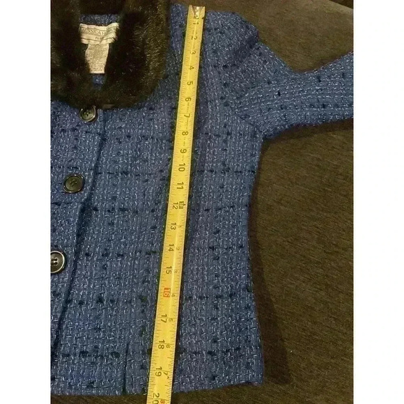 Vintage Jessica Howard 4P Blue Black Sparkle Tweed Faux Fur Collar Blazer Jacket - Picture 7 of 7